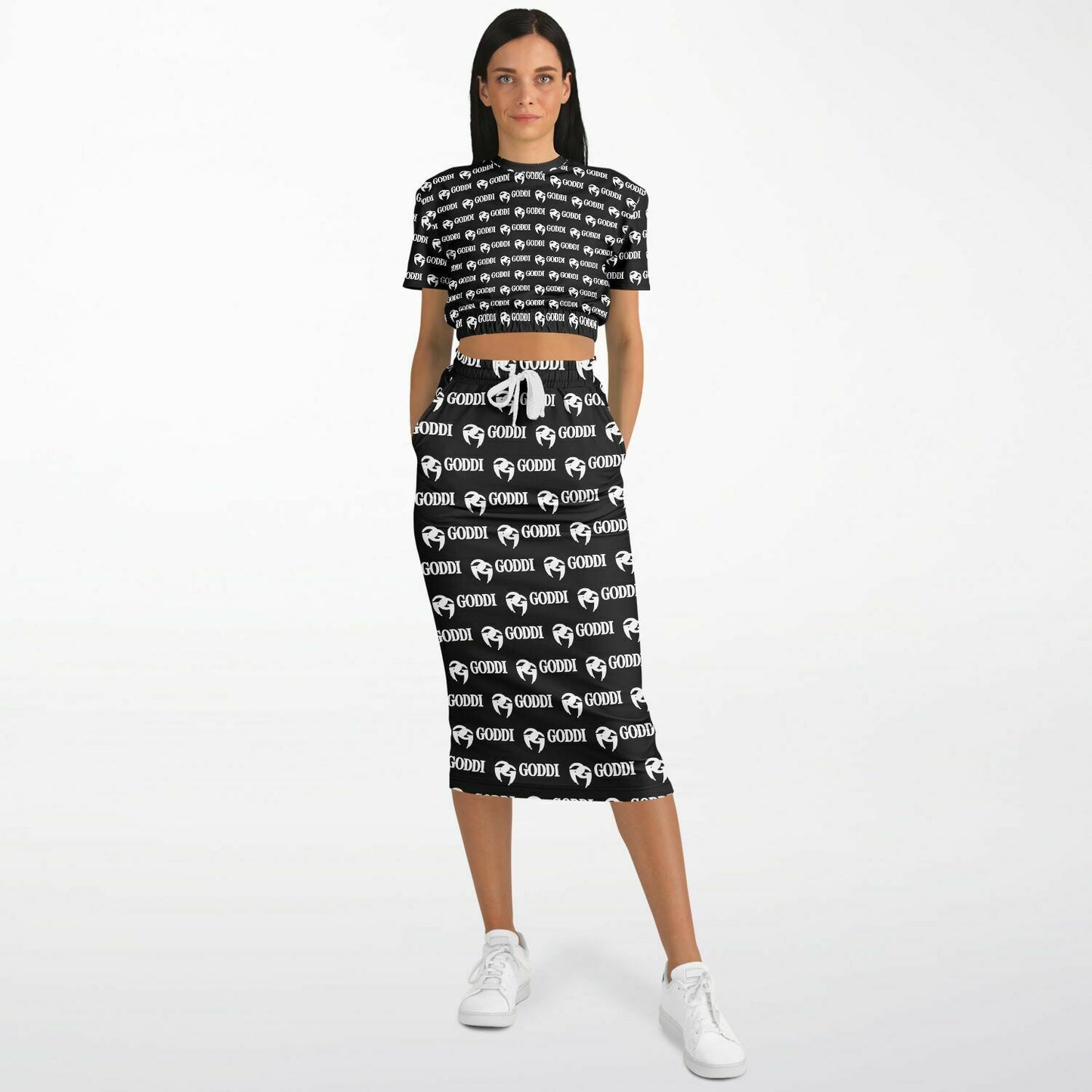 GODDI Athletic Cropped Short Sleeve Sweatshirt and Long Pocket Skirt Set – AOP