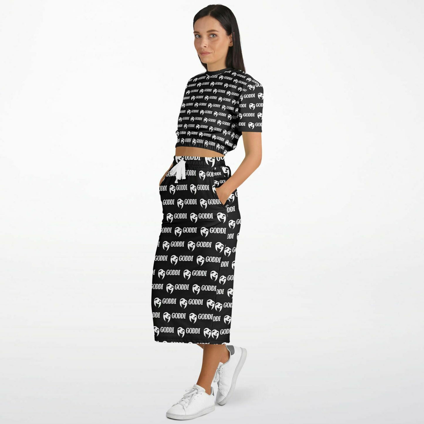 GODDI Athletic Cropped Short Sleeve Sweatshirt and Long Pocket Skirt Set – AOP