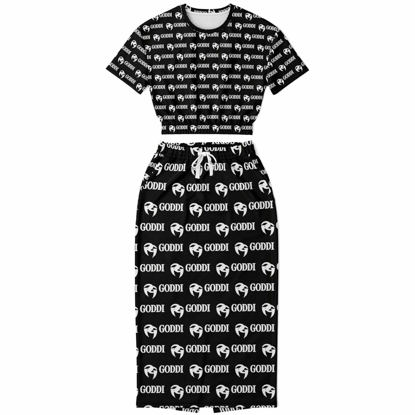 GODDI Athletic Cropped Short Sleeve Sweatshirt and Long Pocket Skirt Set – AOP