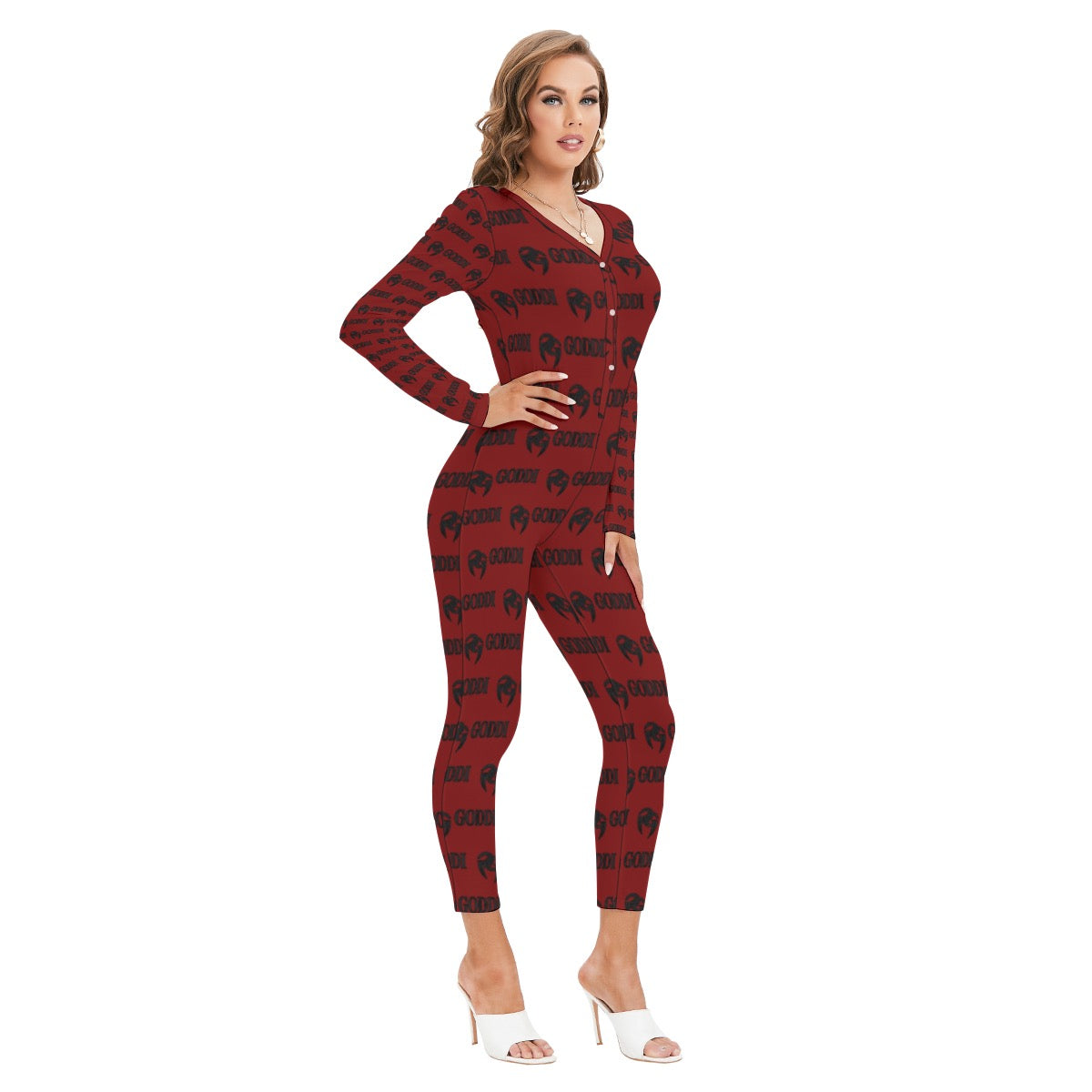 GODDI GG Love me down easy All-Over Print Women's Plunging Neck Jumpsuit, s￼