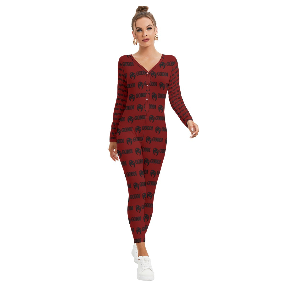 GODDI GG Love me down easy All-Over Print Women's Plunging Neck Jumpsuit, s￼