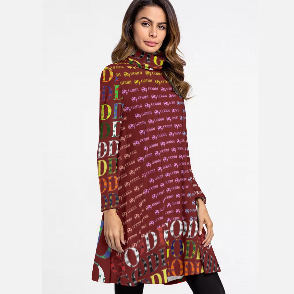 All-Over Print Women's High Neck Dress With Long Sleeve