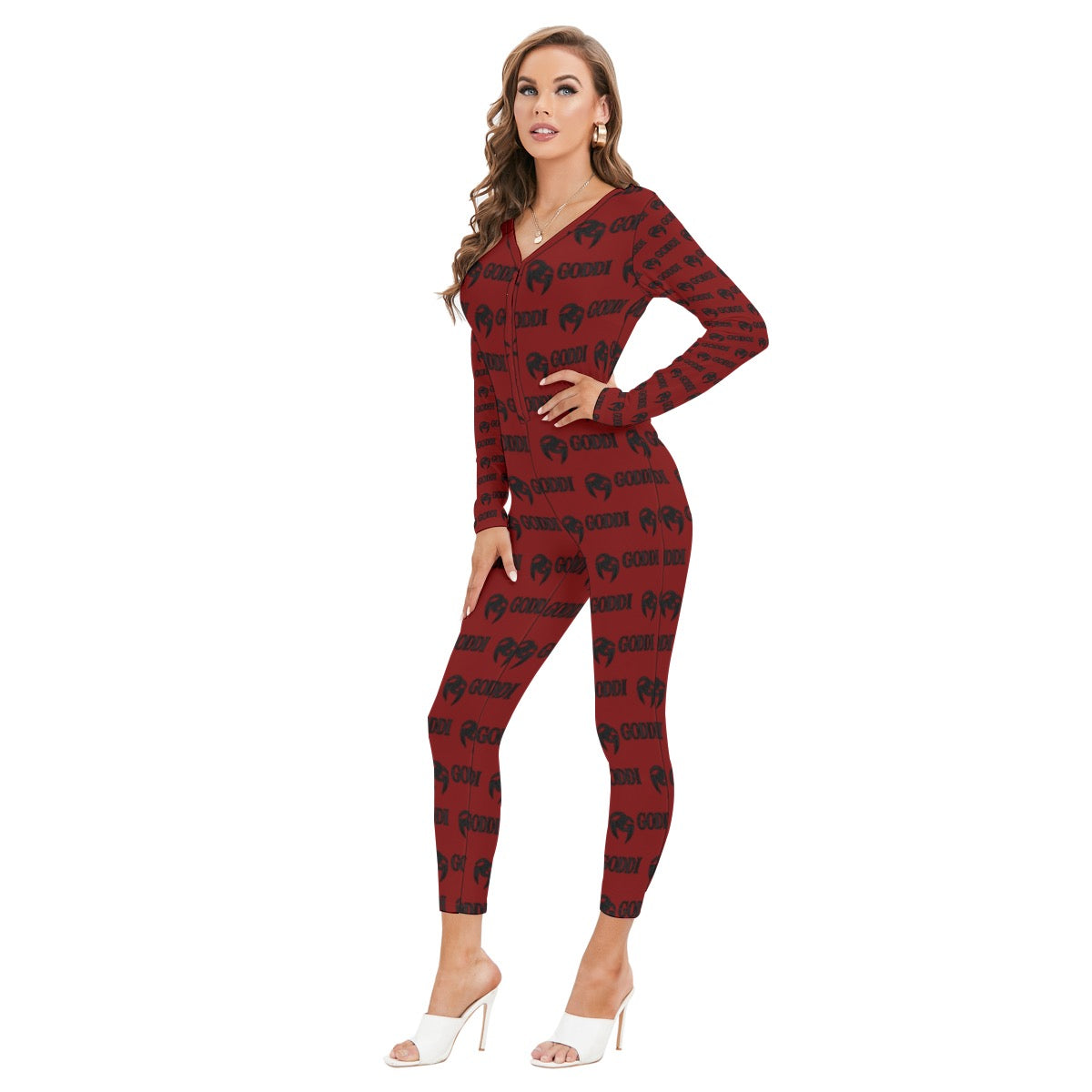 GODDI GG Love me down easy All-Over Print Women's Plunging Neck Jumpsuit, s￼